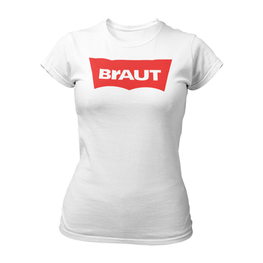 JGA T-Shirt 'Label BRAUT' mit modernem, schlichtem Design und klaren Buchstaben. Ideal für die Braut, kurzärmlig und im Damenschnitt, erhältlich in angesagten Farben für den Junggesellinnenabschied