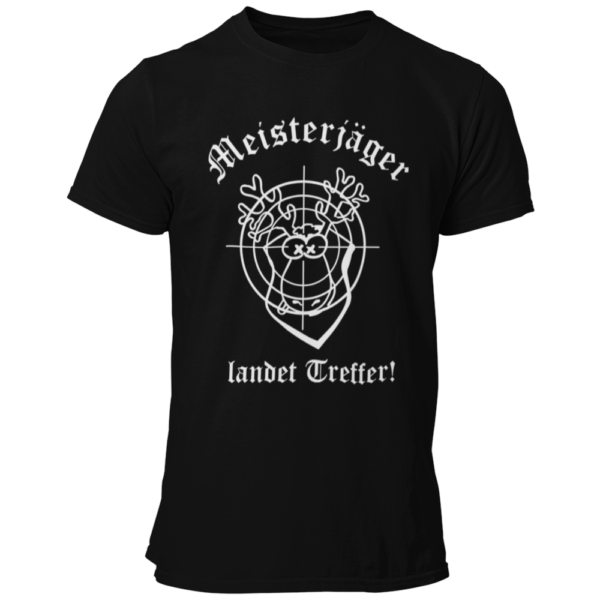 Das JGA T-Shirt "Meisterjäger" mit der Aufschrift „Meisterjäger landet Treffer“ feiert humorvoll den bevorstehenden Ehe-Start des Junggesellen. Ein bunter Elch mit Zielscheibe symbolisiert seinen Erfolg in der „Jagd“ nach der großen Liebe. Dieses witzige Shirt ist ein toller Begleiter für den Junggesellenabschied, kombiniert Spaß und Charme ohne aufdringlich zu sein