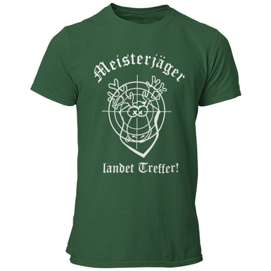 Das JGA T-Shirt "Meisterjäger" mit der Aufschrift „Meisterjäger landet Treffer“ feiert humorvoll den bevorstehenden Ehe-Start des Junggesellen. Ein bunter Elch mit Zielscheibe symbolisiert seinen Erfolg in der „Jagd“ nach der großen Liebe. Dieses witzige Shirt ist ein toller Begleiter für den Junggesellenabschied, kombiniert Spaß und Charme ohne aufdringlich zu sein