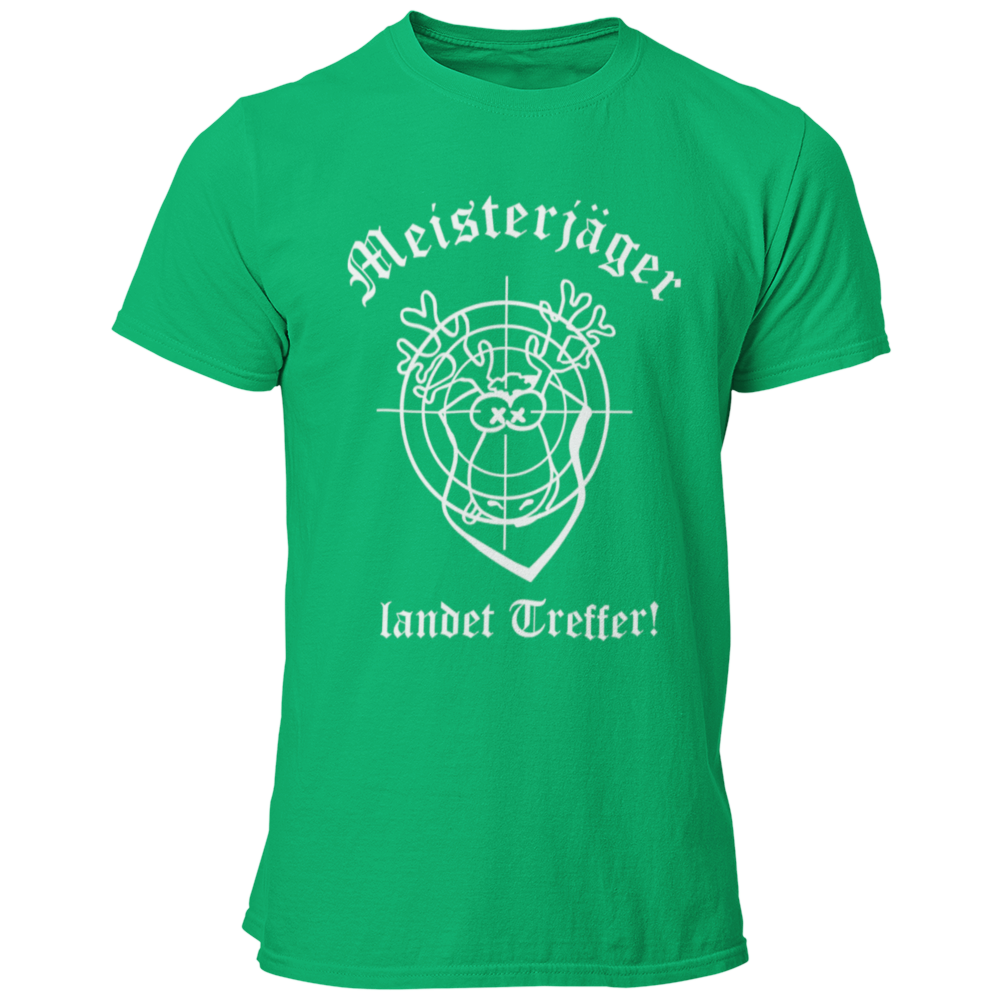 Das JGA T-Shirt "Meisterjäger" mit der Aufschrift „Meisterjäger landet Treffer“ feiert humorvoll den bevorstehenden Ehe-Start des Junggesellen. Ein bunter Elch mit Zielscheibe symbolisiert seinen Erfolg in der „Jagd“ nach der großen Liebe. Dieses witzige Shirt ist ein toller Begleiter für den Junggesellenabschied, kombiniert Spaß und Charme ohne aufdringlich zu sein