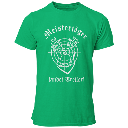 Das JGA T-Shirt "Meisterjäger" mit der Aufschrift „Meisterjäger landet Treffer“ feiert humorvoll den bevorstehenden Ehe-Start des Junggesellen. Ein bunter Elch mit Zielscheibe symbolisiert seinen Erfolg in der „Jagd“ nach der großen Liebe. Dieses witzige Shirt ist ein toller Begleiter für den Junggesellenabschied, kombiniert Spaß und Charme ohne aufdringlich zu sein