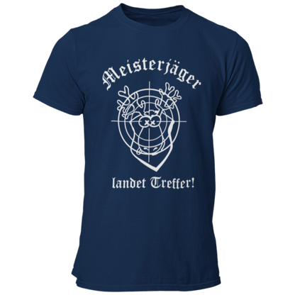 Das JGA T-Shirt "Meisterjäger" mit der Aufschrift „Meisterjäger landet Treffer“ feiert humorvoll den bevorstehenden Ehe-Start des Junggesellen. Ein bunter Elch mit Zielscheibe symbolisiert seinen Erfolg in der „Jagd“ nach der großen Liebe. Dieses witzige Shirt ist ein toller Begleiter für den Junggesellenabschied, kombiniert Spaß und Charme ohne aufdringlich zu sein