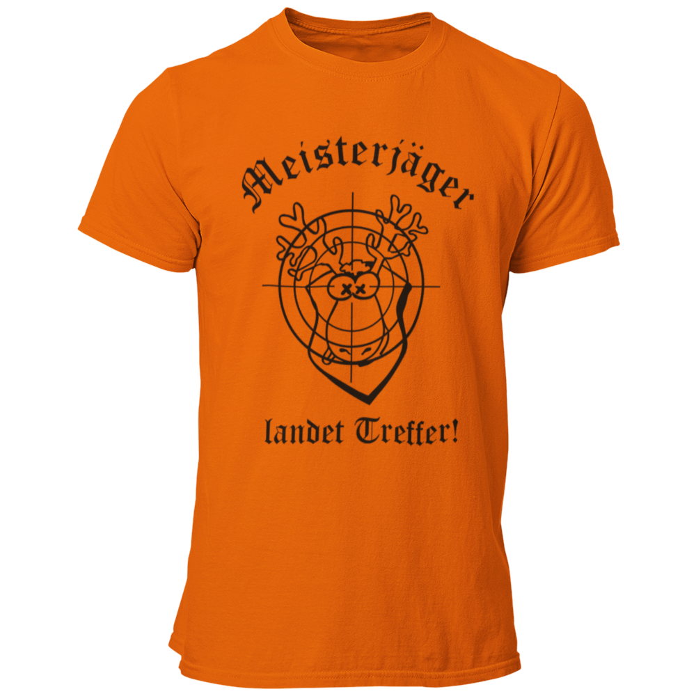 Das JGA T-Shirt "Meisterjäger" mit der Aufschrift „Meisterjäger landet Treffer“ feiert humorvoll den bevorstehenden Ehe-Start des Junggesellen. Ein bunter Elch mit Zielscheibe symbolisiert seinen Erfolg in der „Jagd“ nach der großen Liebe. Dieses witzige Shirt ist ein toller Begleiter für den Junggesellenabschied, kombiniert Spaß und Charme ohne aufdringlich zu sein