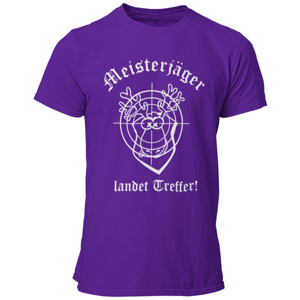 Das JGA T-Shirt "Meisterjäger" mit der Aufschrift „Meisterjäger landet Treffer“ feiert humorvoll den bevorstehenden Ehe-Start des Junggesellen. Ein bunter Elch mit Zielscheibe symbolisiert seinen Erfolg in der „Jagd“ nach der großen Liebe. Dieses witzige Shirt ist ein toller Begleiter für den Junggesellenabschied, kombiniert Spaß und Charme ohne aufdringlich zu sein