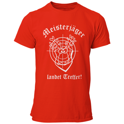 Das JGA T-Shirt "Meisterjäger" mit der Aufschrift „Meisterjäger landet Treffer“ feiert humorvoll den bevorstehenden Ehe-Start des Junggesellen. Ein bunter Elch mit Zielscheibe symbolisiert seinen Erfolg in der „Jagd“ nach der großen Liebe. Dieses witzige Shirt ist ein toller Begleiter für den Junggesellenabschied, kombiniert Spaß und Charme ohne aufdringlich zu sein