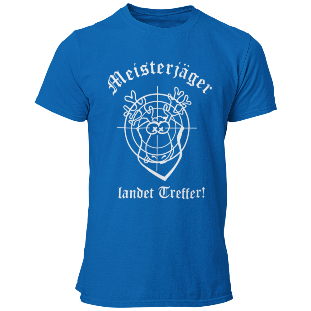 Das JGA T-Shirt "Meisterjäger" mit der Aufschrift „Meisterjäger landet Treffer“ feiert humorvoll den bevorstehenden Ehe-Start des Junggesellen. Ein bunter Elch mit Zielscheibe symbolisiert seinen Erfolg in der „Jagd“ nach der großen Liebe. Dieses witzige Shirt ist ein toller Begleiter für den Junggesellenabschied, kombiniert Spaß und Charme ohne aufdringlich zu sein