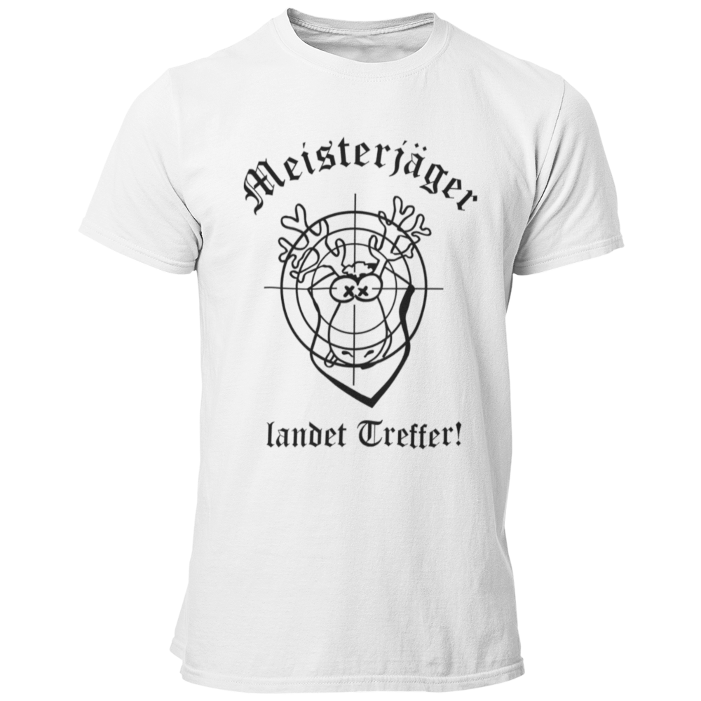 Das JGA T-Shirt "Meisterjäger" mit der Aufschrift „Meisterjäger landet Treffer“ feiert humorvoll den bevorstehenden Ehe-Start des Junggesellen. Ein bunter Elch mit Zielscheibe symbolisiert seinen Erfolg in der „Jagd“ nach der großen Liebe. Dieses witzige Shirt ist ein toller Begleiter für den Junggesellenabschied, kombiniert Spaß und Charme ohne aufdringlich zu sein