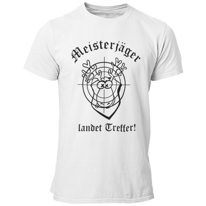 Das JGA T-Shirt "Meisterjäger" mit der Aufschrift „Meisterjäger landet Treffer“ feiert humorvoll den bevorstehenden Ehe-Start des Junggesellen. Ein bunter Elch mit Zielscheibe symbolisiert seinen Erfolg in der „Jagd“ nach der großen Liebe. Dieses witzige Shirt ist ein toller Begleiter für den Junggesellenabschied, kombiniert Spaß und Charme ohne aufdringlich zu sein