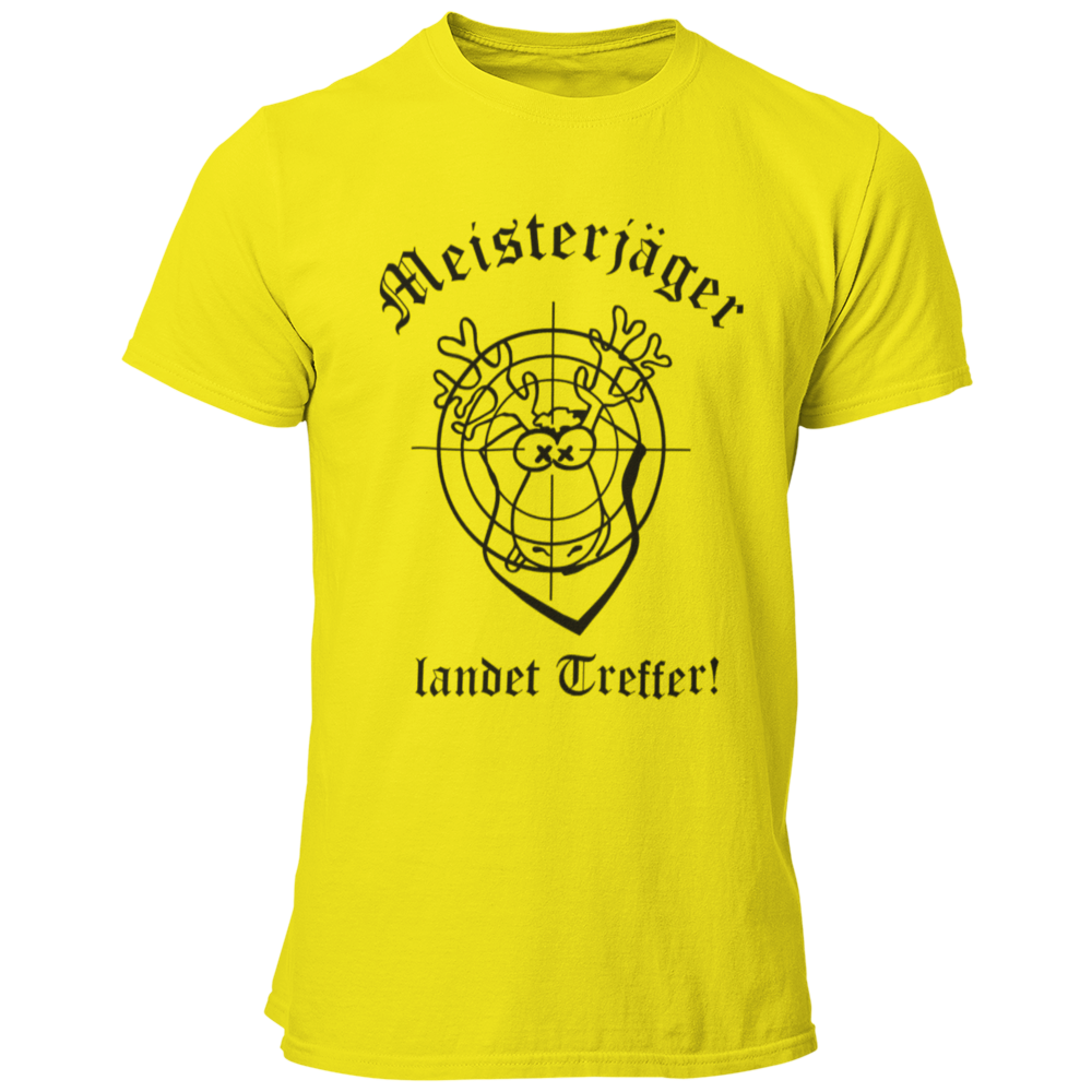 Das JGA T-Shirt "Meisterjäger" mit der Aufschrift „Meisterjäger landet Treffer“ feiert humorvoll den bevorstehenden Ehe-Start des Junggesellen. Ein bunter Elch mit Zielscheibe symbolisiert seinen Erfolg in der „Jagd“ nach der großen Liebe. Dieses witzige Shirt ist ein toller Begleiter für den Junggesellenabschied, kombiniert Spaß und Charme ohne aufdringlich zu sein