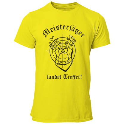 Das JGA T-Shirt "Meisterjäger" mit der Aufschrift „Meisterjäger landet Treffer“ feiert humorvoll den bevorstehenden Ehe-Start des Junggesellen. Ein bunter Elch mit Zielscheibe symbolisiert seinen Erfolg in der „Jagd“ nach der großen Liebe. Dieses witzige Shirt ist ein toller Begleiter für den Junggesellenabschied, kombiniert Spaß und Charme ohne aufdringlich zu sein