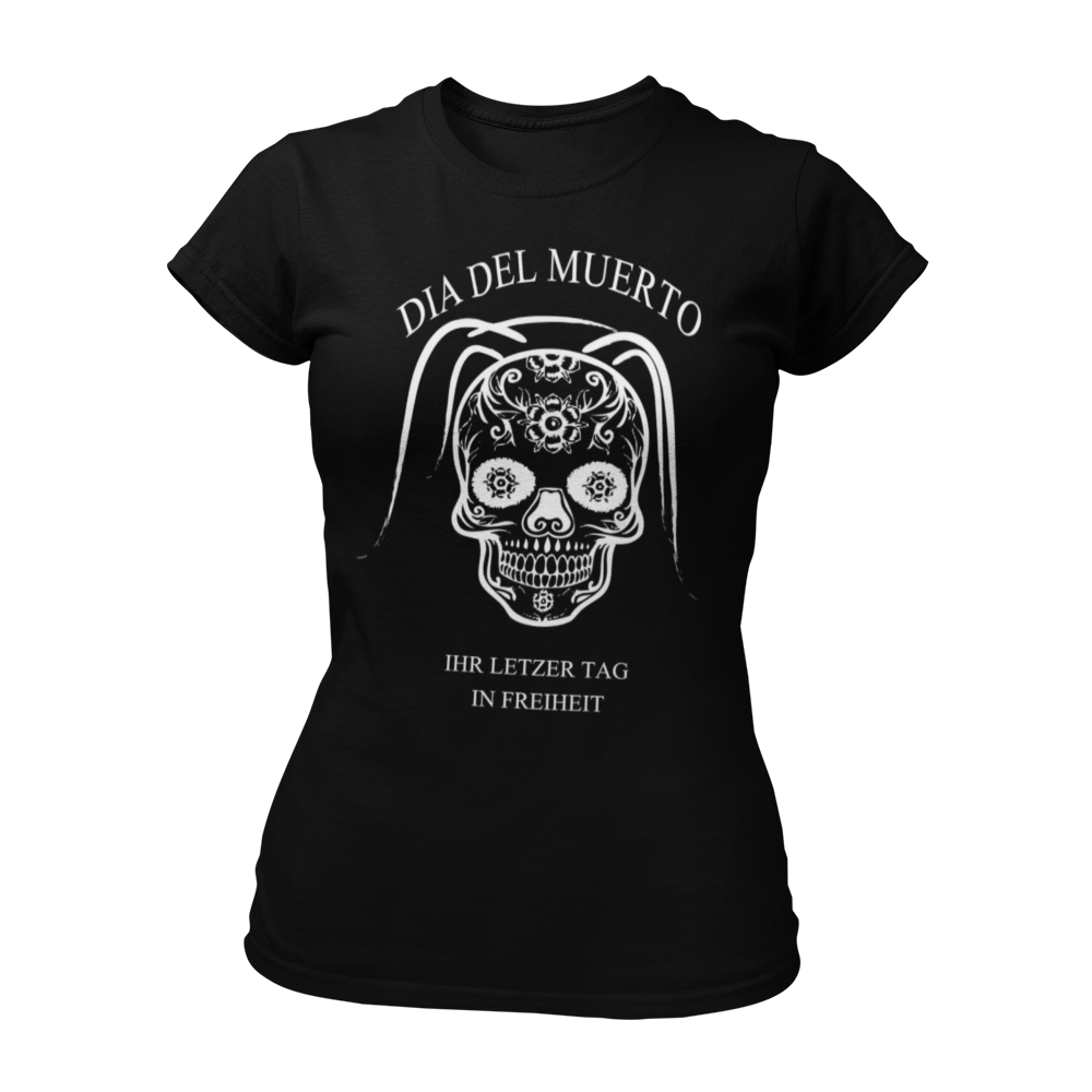 Damen T-Shirt "Dia del Muerto – Letzter Tag" mit Totenkopf und Schleier, verziert mit Blumen. Im Popart-Stil gestaltet, ist das Shirt ideal für Rock n Roller, Rockabillys und Hardrocker. Es bietet einen femininen Schnitt, kurze Ärmel und einen Rundkragen, perfekt für einen schaurig schönen Look beim Junggesellinnenabschied.