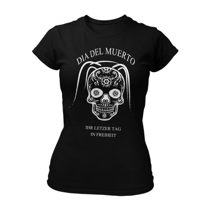 Damen T-Shirt "Dia del Muerto – Letzter Tag" mit Totenkopf und Schleier, verziert mit Blumen. Im Popart-Stil gestaltet, ist das Shirt ideal für Rock n Roller, Rockabillys und Hardrocker. Es bietet einen femininen Schnitt, kurze Ärmel und einen Rundkragen, perfekt für einen schaurig schönen Look beim Junggesellinnenabschied.