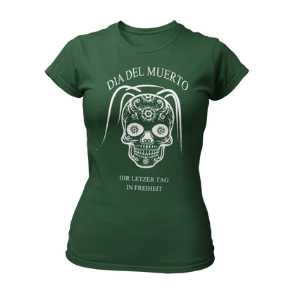 Damen T-Shirt "Dia del Muerto – Letzter Tag" mit Totenkopf und Schleier, verziert mit Blumen. Im Popart-Stil gestaltet, ist das Shirt ideal für Rock n Roller, Rockabillys und Hardrocker. Es bietet einen femininen Schnitt, kurze Ärmel und einen Rundkragen, perfekt für einen schaurig schönen Look beim Junggesellinnenabschied.