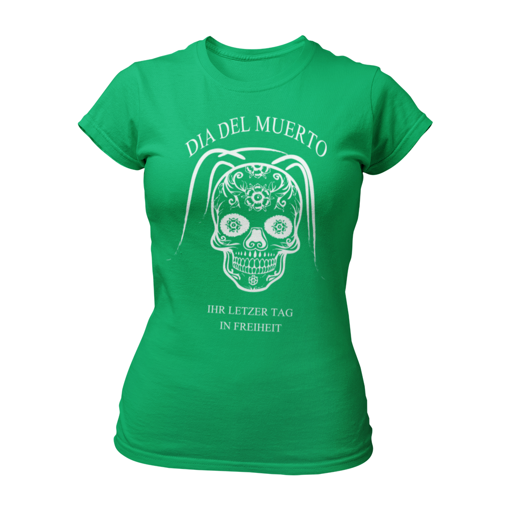 Damen T-Shirt "Dia del Muerto – Letzter Tag" mit Totenkopf und Schleier, verziert mit Blumen. Im Popart-Stil gestaltet, ist das Shirt ideal für Rock n Roller, Rockabillys und Hardrocker. Es bietet einen femininen Schnitt, kurze Ärmel und einen Rundkragen, perfekt für einen schaurig schönen Look beim Junggesellinnenabschied.