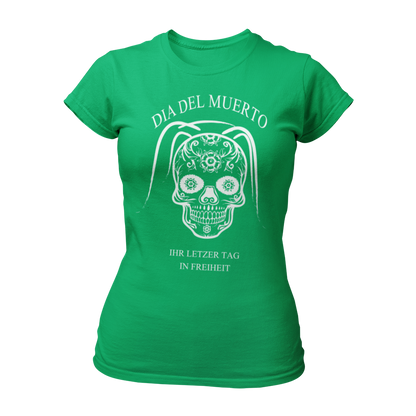 Damen T-Shirt "Dia del Muerto – Letzter Tag" mit Totenkopf und Schleier, verziert mit Blumen. Im Popart-Stil gestaltet, ist das Shirt ideal für Rock n Roller, Rockabillys und Hardrocker. Es bietet einen femininen Schnitt, kurze Ärmel und einen Rundkragen, perfekt für einen schaurig schönen Look beim Junggesellinnenabschied.