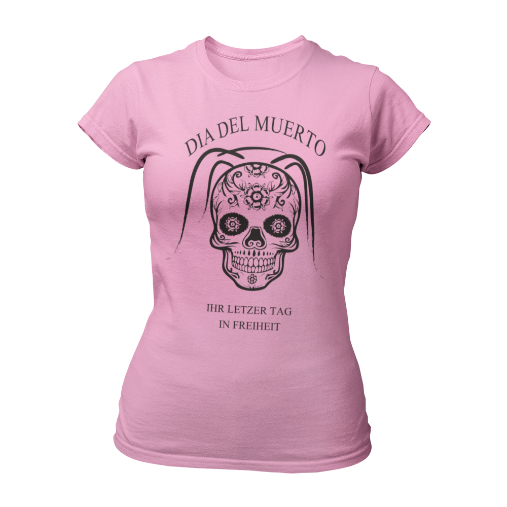 Damen T-Shirt "Dia del Muerto – Letzter Tag" mit Totenkopf und Schleier, verziert mit Blumen. Im Popart-Stil gestaltet, ist das Shirt ideal für Rock n Roller, Rockabillys und Hardrocker. Es bietet einen femininen Schnitt, kurze Ärmel und einen Rundkragen, perfekt für einen schaurig schönen Look beim Junggesellinnenabschied.