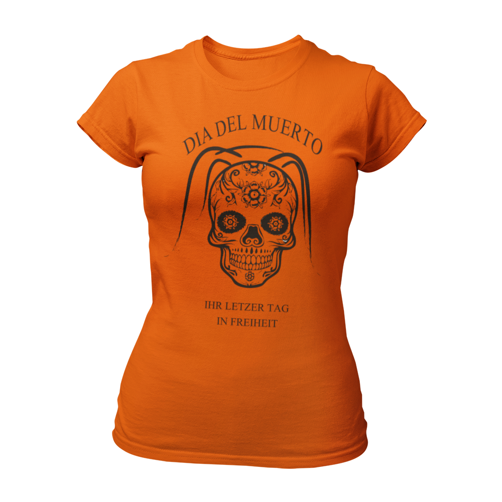 Damen T-Shirt "Dia del Muerto – Letzter Tag" mit Totenkopf und Schleier, verziert mit Blumen. Im Popart-Stil gestaltet, ist das Shirt ideal für Rock n Roller, Rockabillys und Hardrocker. Es bietet einen femininen Schnitt, kurze Ärmel und einen Rundkragen, perfekt für einen schaurig schönen Look beim Junggesellinnenabschied.