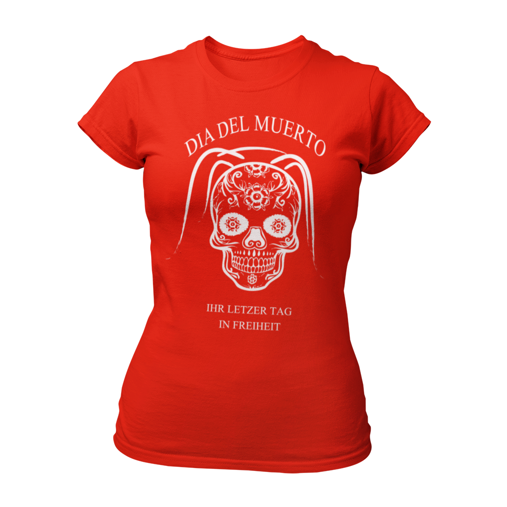 Damen T-Shirt "Dia del Muerto – Letzter Tag" mit Totenkopf und Schleier, verziert mit Blumen. Im Popart-Stil gestaltet, ist das Shirt ideal für Rock n Roller, Rockabillys und Hardrocker. Es bietet einen femininen Schnitt, kurze Ärmel und einen Rundkragen, perfekt für einen schaurig schönen Look beim Junggesellinnenabschied.