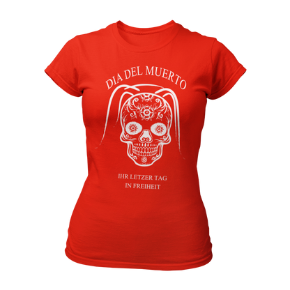 Damen T-Shirt "Dia del Muerto – Letzter Tag" mit Totenkopf und Schleier, verziert mit Blumen. Im Popart-Stil gestaltet, ist das Shirt ideal für Rock n Roller, Rockabillys und Hardrocker. Es bietet einen femininen Schnitt, kurze Ärmel und einen Rundkragen, perfekt für einen schaurig schönen Look beim Junggesellinnenabschied.