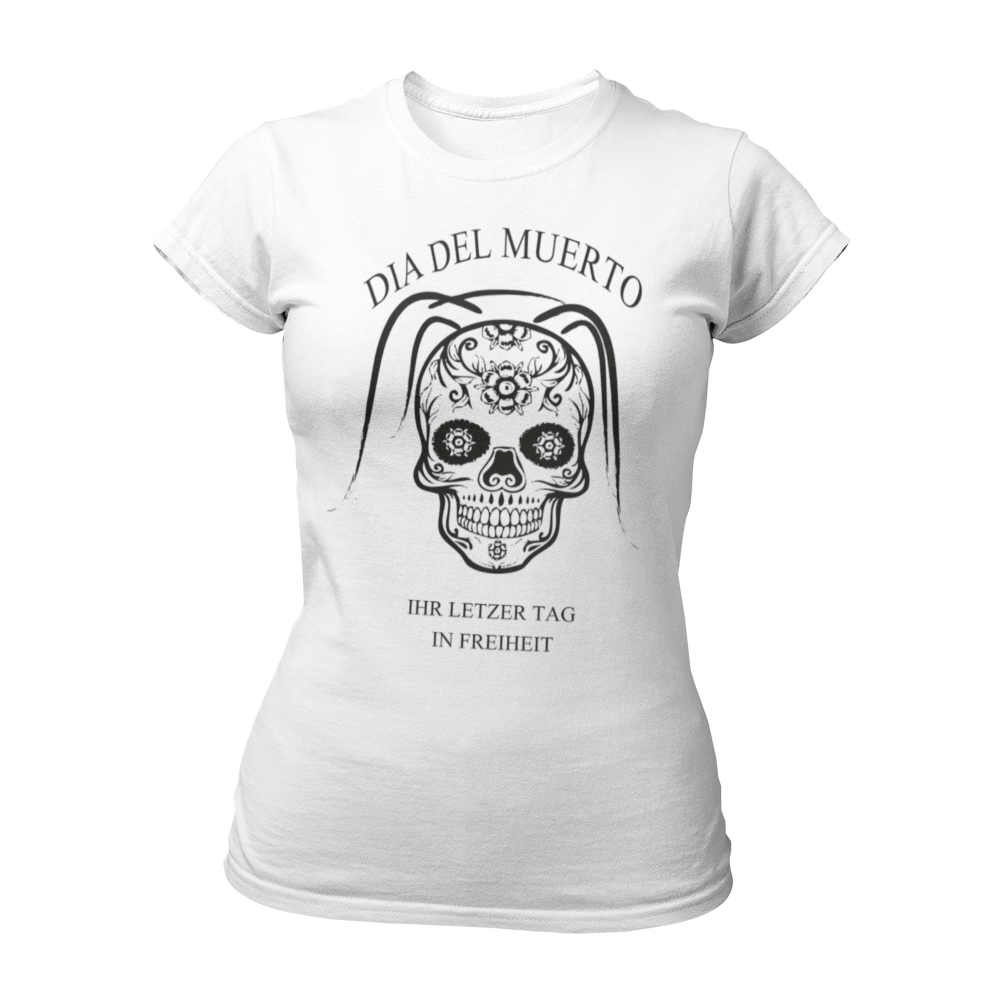 Damen T-Shirt "Dia del Muerto – Letzter Tag" mit Totenkopf und Schleier, verziert mit Blumen. Im Popart-Stil gestaltet, ist das Shirt ideal für Rock n Roller, Rockabillys und Hardrocker. Es bietet einen femininen Schnitt, kurze Ärmel und einen Rundkragen, perfekt für einen schaurig schönen Look beim Junggesellinnenabschied.