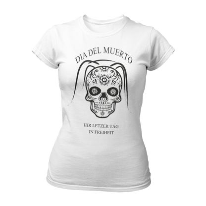 Damen T-Shirt "Dia del Muerto – Letzter Tag" mit Totenkopf und Schleier, verziert mit Blumen. Im Popart-Stil gestaltet, ist das Shirt ideal für Rock n Roller, Rockabillys und Hardrocker. Es bietet einen femininen Schnitt, kurze Ärmel und einen Rundkragen, perfekt für einen schaurig schönen Look beim Junggesellinnenabschied.