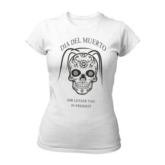 Damen T-Shirt "Dia del Muerto – Letzter Tag" mit Totenkopf und Schleier, verziert mit Blumen. Im Popart-Stil gestaltet, ist das Shirt ideal für Rock n Roller, Rockabillys und Hardrocker. Es bietet einen femininen Schnitt, kurze Ärmel und einen Rundkragen, perfekt für einen schaurig schönen Look beim Junggesellinnenabschied.