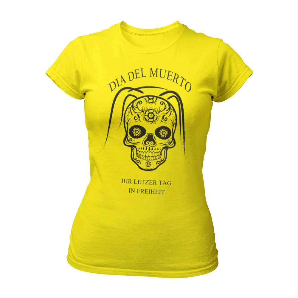 Damen T-Shirt "Dia del Muerto – Letzter Tag" mit Totenkopf und Schleier, verziert mit Blumen. Im Popart-Stil gestaltet, ist das Shirt ideal für Rock n Roller, Rockabillys und Hardrocker. Es bietet einen femininen Schnitt, kurze Ärmel und einen Rundkragen, perfekt für einen schaurig schönen Look beim Junggesellinnenabschied.