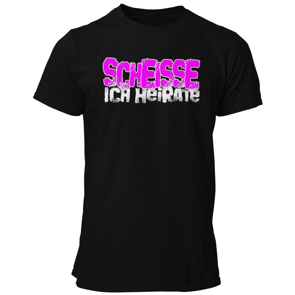 JGA-T-Shirt "Scheisse, Ich heirate" mit auffälligem pinkem Schriftzug. Ideal für den Junggesellenabschied, um humorvoll auf die bevorstehende Hochzeit hinzuweisen. Perfekt für einen letzten ausgelassenen Abend mit den Kumpels.