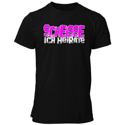 JGA-T-Shirt "Scheisse, Ich heirate" mit auffälligem pinkem Schriftzug. Ideal für den Junggesellenabschied, um humorvoll auf die bevorstehende Hochzeit hinzuweisen. Perfekt für einen letzten ausgelassenen Abend mit den Kumpels.