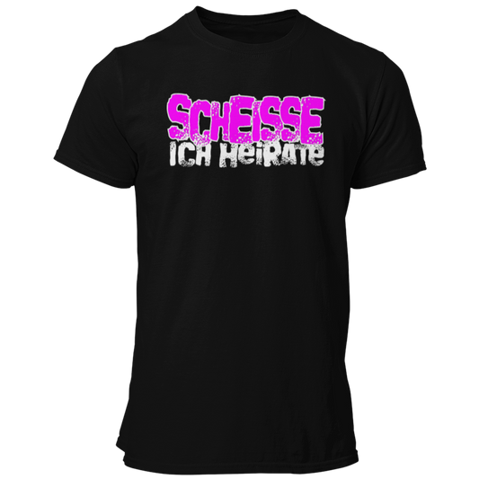 JGA-T-Shirt "Scheisse, Ich heirate" mit auffälligem pinkem Schriftzug. Ideal für den Junggesellenabschied, um humorvoll auf die bevorstehende Hochzeit hinzuweisen. Perfekt für einen letzten ausgelassenen Abend mit den Kumpels.