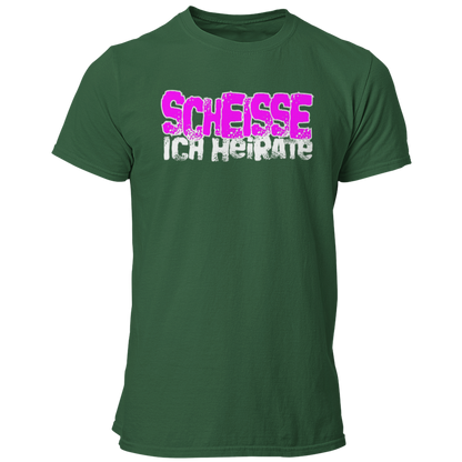 JGA-T-Shirt "Scheisse, Ich heirate" mit auffälligem pinkem Schriftzug. Ideal für den Junggesellenabschied, um humorvoll auf die bevorstehende Hochzeit hinzuweisen. Perfekt für einen letzten ausgelassenen Abend mit den Kumpels.