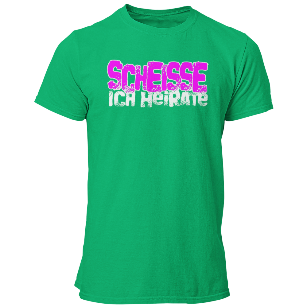 JGA-T-Shirt "Scheisse, Ich heirate" mit auffälligem pinkem Schriftzug. Ideal für den Junggesellenabschied, um humorvoll auf die bevorstehende Hochzeit hinzuweisen. Perfekt für einen letzten ausgelassenen Abend mit den Kumpels.