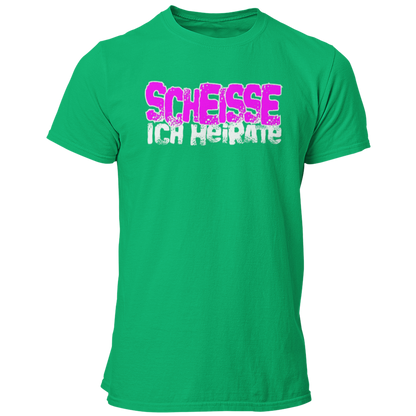 JGA-T-Shirt "Scheisse, Ich heirate" mit auffälligem pinkem Schriftzug. Ideal für den Junggesellenabschied, um humorvoll auf die bevorstehende Hochzeit hinzuweisen. Perfekt für einen letzten ausgelassenen Abend mit den Kumpels.