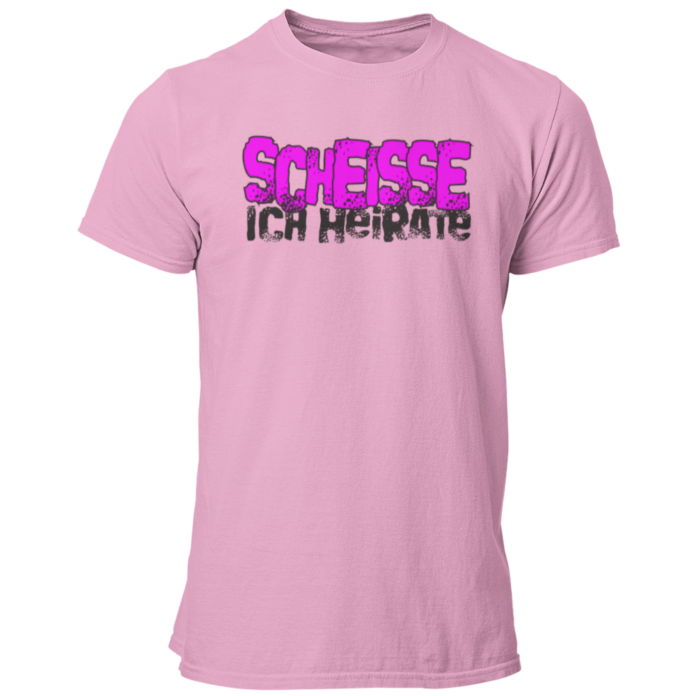 JGA-T-Shirt "Scheisse, Ich heirate" mit auffälligem pinkem Schriftzug. Ideal für den Junggesellenabschied, um humorvoll auf die bevorstehende Hochzeit hinzuweisen. Perfekt für einen letzten ausgelassenen Abend mit den Kumpels.