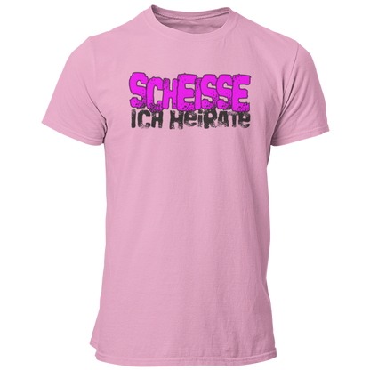 JGA-T-Shirt "Scheisse, Ich heirate" mit auffälligem pinkem Schriftzug. Ideal für den Junggesellenabschied, um humorvoll auf die bevorstehende Hochzeit hinzuweisen. Perfekt für einen letzten ausgelassenen Abend mit den Kumpels.