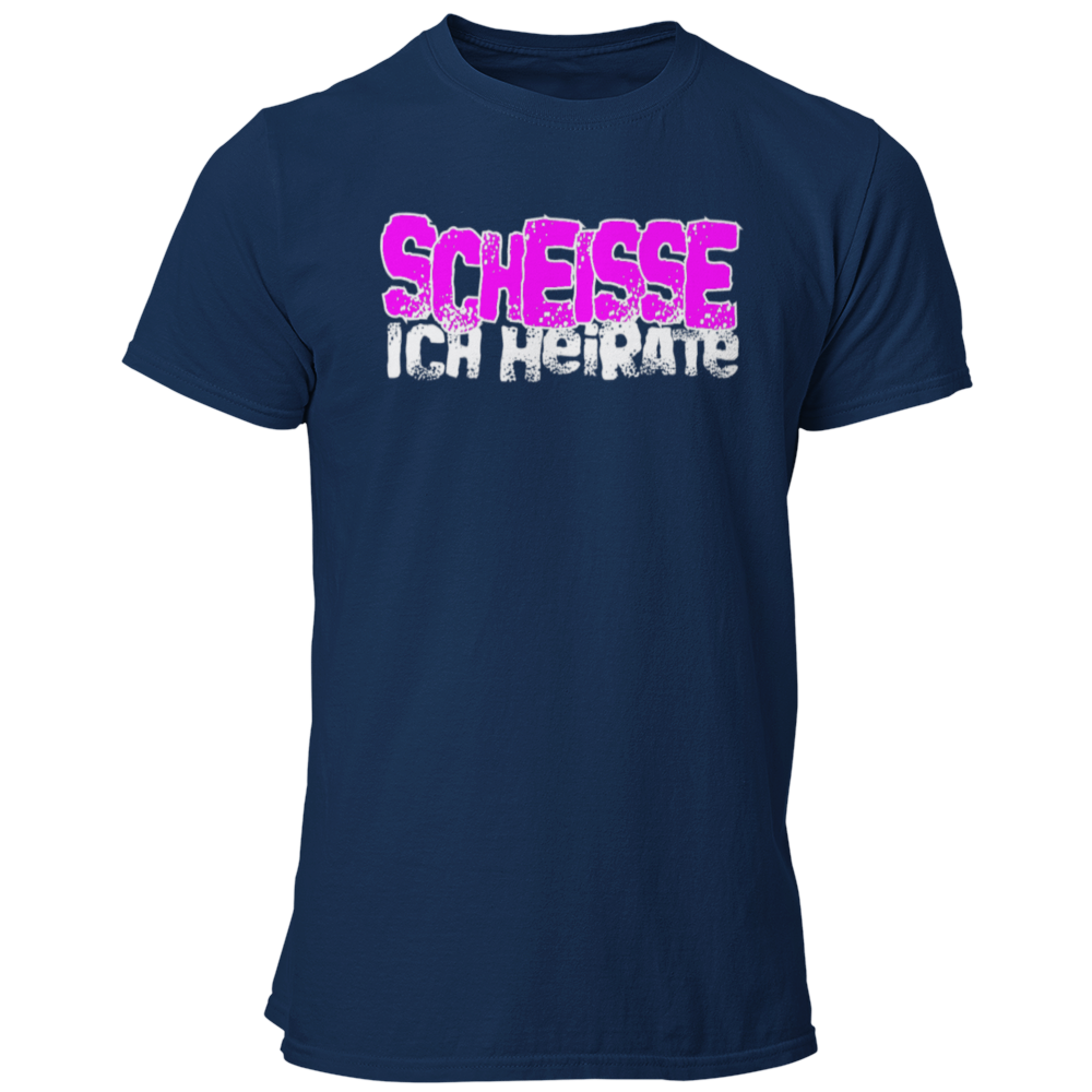 JGA-T-Shirt "Scheisse, Ich heirate" mit auffälligem pinkem Schriftzug. Ideal für den Junggesellenabschied, um humorvoll auf die bevorstehende Hochzeit hinzuweisen. Perfekt für einen letzten ausgelassenen Abend mit den Kumpels.