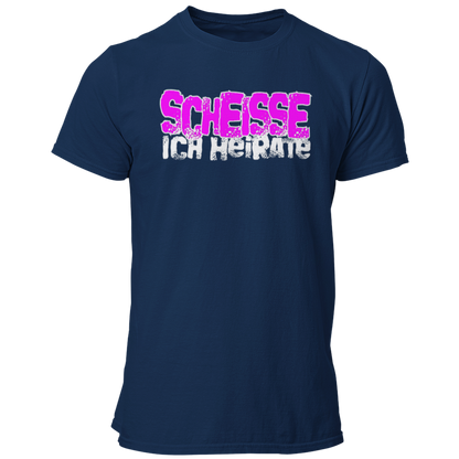 JGA-T-Shirt "Scheisse, Ich heirate" mit auffälligem pinkem Schriftzug. Ideal für den Junggesellenabschied, um humorvoll auf die bevorstehende Hochzeit hinzuweisen. Perfekt für einen letzten ausgelassenen Abend mit den Kumpels.