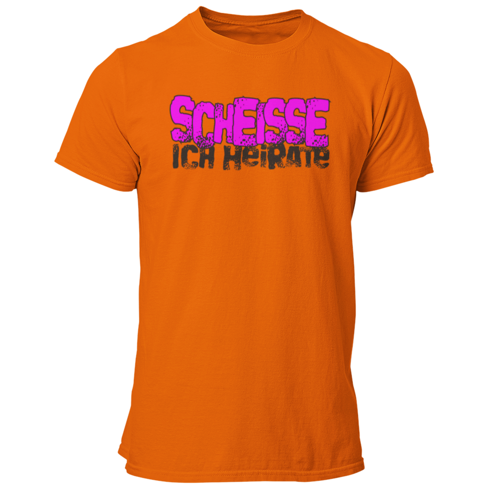 JGA-T-Shirt "Scheisse, Ich heirate" mit auffälligem pinkem Schriftzug. Ideal für den Junggesellenabschied, um humorvoll auf die bevorstehende Hochzeit hinzuweisen. Perfekt für einen letzten ausgelassenen Abend mit den Kumpels.