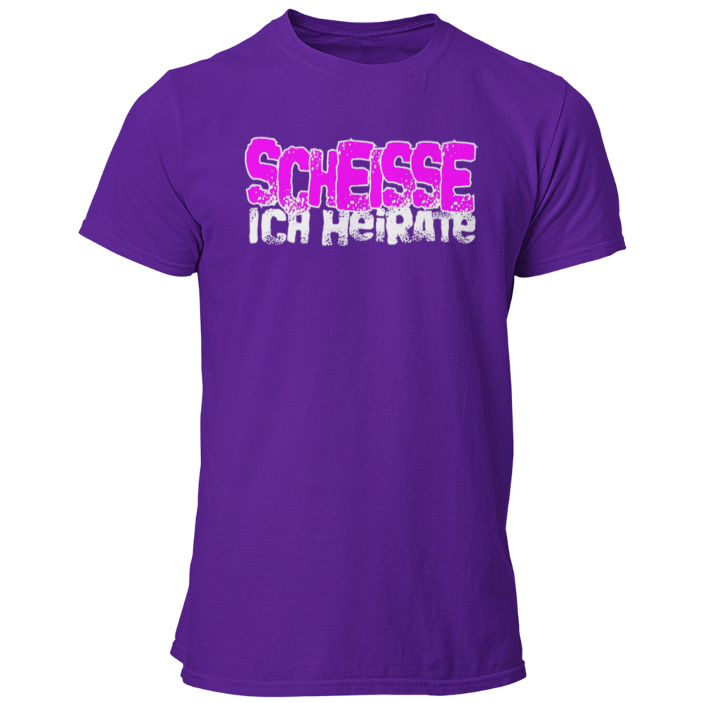 JGA-T-Shirt "Scheisse, Ich heirate" mit auffälligem pinkem Schriftzug. Ideal für den Junggesellenabschied, um humorvoll auf die bevorstehende Hochzeit hinzuweisen. Perfekt für einen letzten ausgelassenen Abend mit den Kumpels.