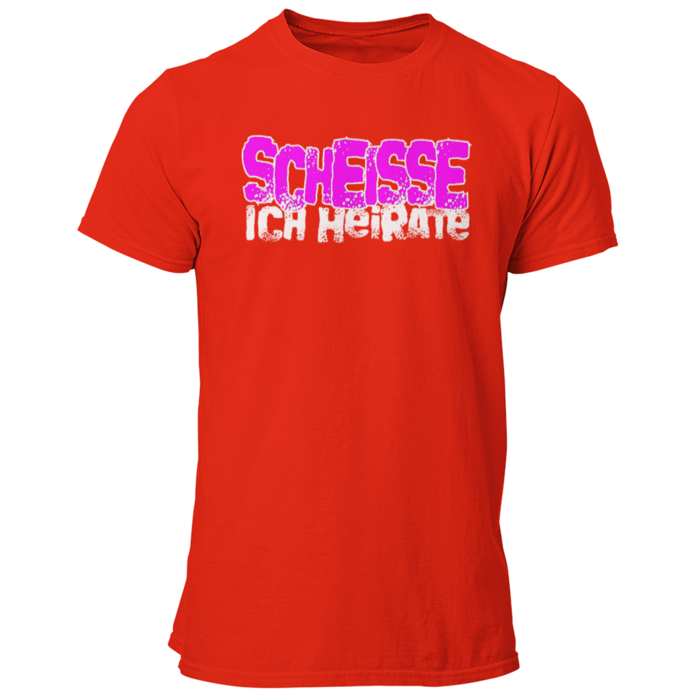 JGA-T-Shirt "Scheisse, Ich heirate" mit auffälligem pinkem Schriftzug. Ideal für den Junggesellenabschied, um humorvoll auf die bevorstehende Hochzeit hinzuweisen. Perfekt für einen letzten ausgelassenen Abend mit den Kumpels.