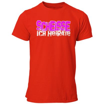 JGA-T-Shirt "Scheisse, Ich heirate" mit auffälligem pinkem Schriftzug. Ideal für den Junggesellenabschied, um humorvoll auf die bevorstehende Hochzeit hinzuweisen. Perfekt für einen letzten ausgelassenen Abend mit den Kumpels.