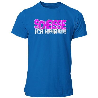 JGA-T-Shirt "Scheisse, Ich heirate" mit auffälligem pinkem Schriftzug. Ideal für den Junggesellenabschied, um humorvoll auf die bevorstehende Hochzeit hinzuweisen. Perfekt für einen letzten ausgelassenen Abend mit den Kumpels.