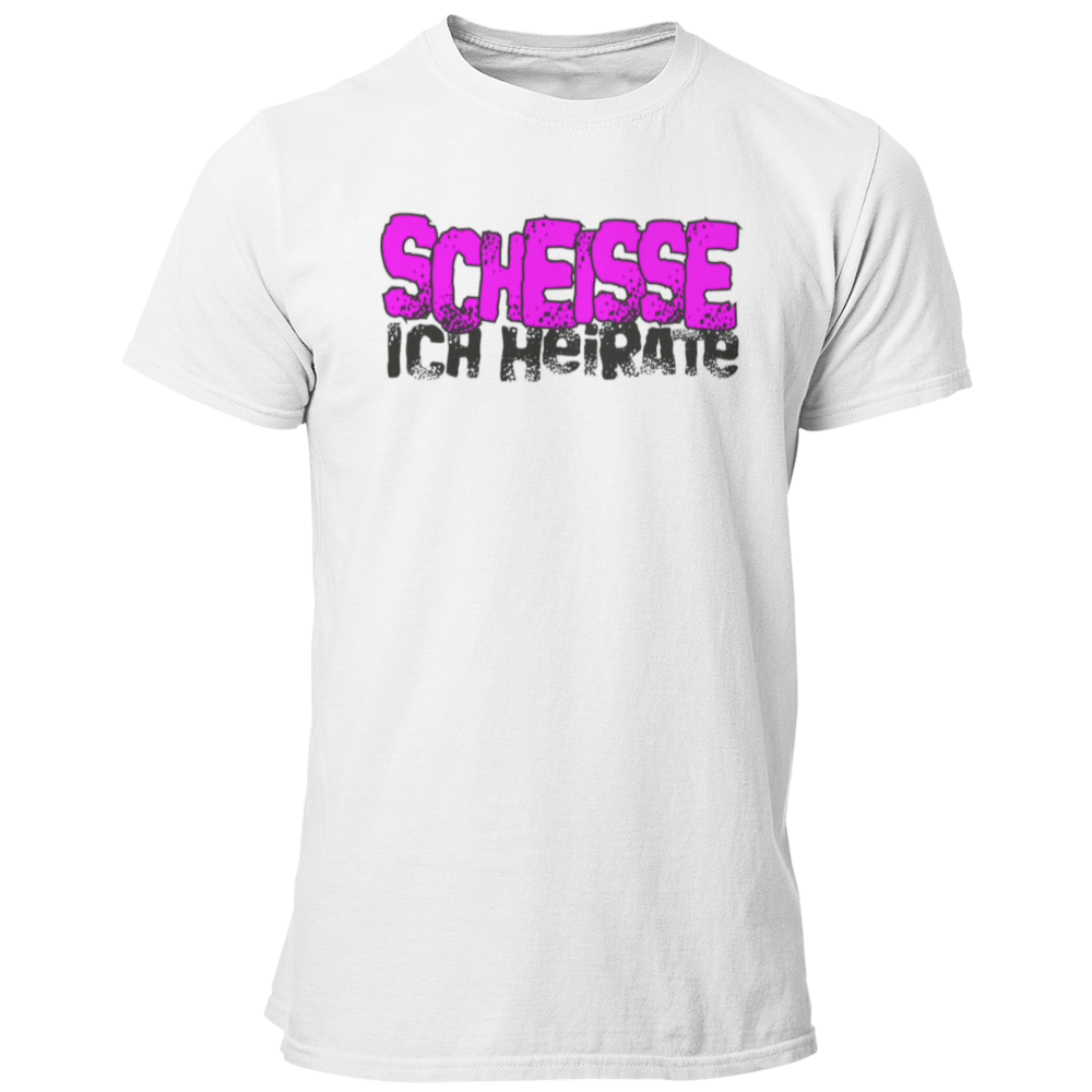 JGA-T-Shirt "Scheisse, Ich heirate" mit auffälligem pinkem Schriftzug. Ideal für den Junggesellenabschied, um humorvoll auf die bevorstehende Hochzeit hinzuweisen. Perfekt für einen letzten ausgelassenen Abend mit den Kumpels.