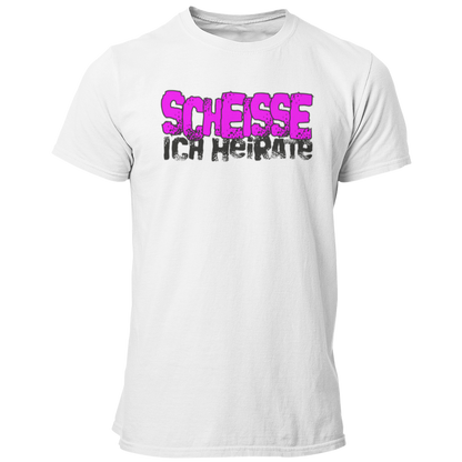 JGA-T-Shirt "Scheisse, Ich heirate" mit auffälligem pinkem Schriftzug. Ideal für den Junggesellenabschied, um humorvoll auf die bevorstehende Hochzeit hinzuweisen. Perfekt für einen letzten ausgelassenen Abend mit den Kumpels.