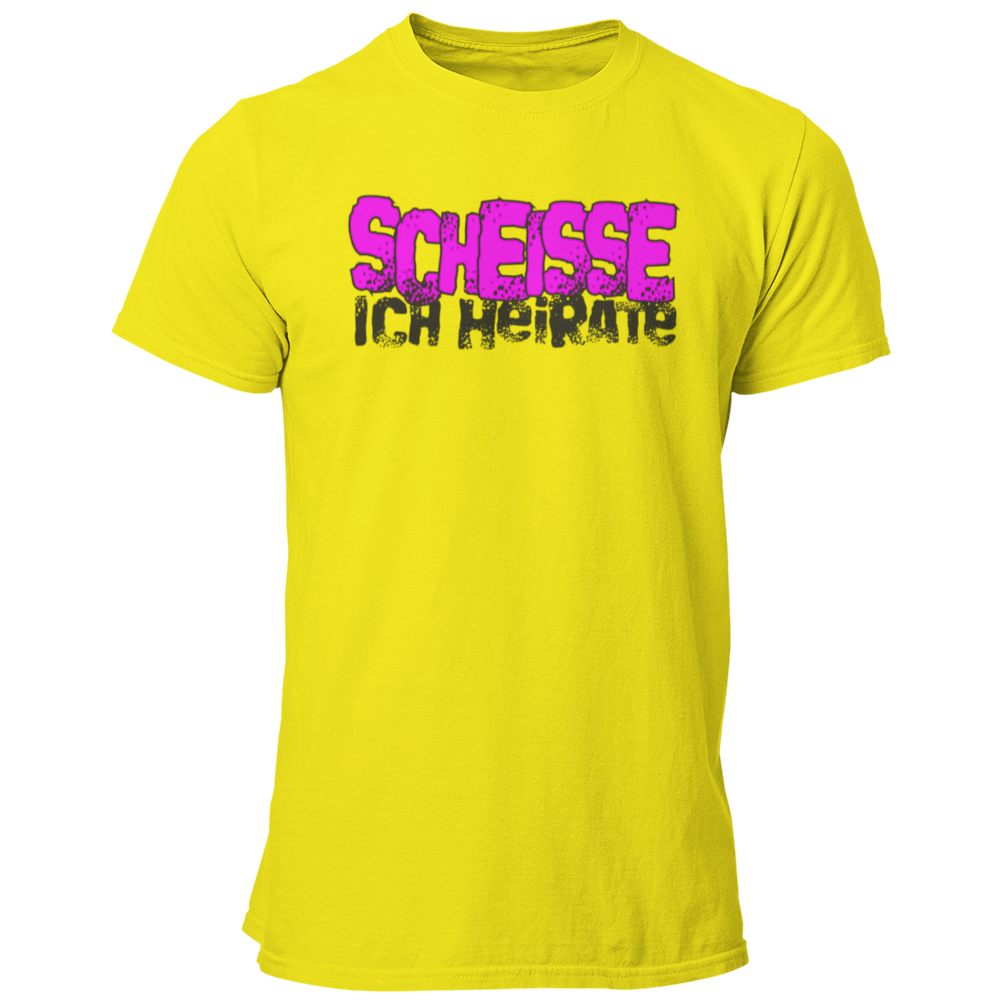 JGA-T-Shirt "Scheisse, Ich heirate" mit auffälligem pinkem Schriftzug. Ideal für den Junggesellenabschied, um humorvoll auf die bevorstehende Hochzeit hinzuweisen. Perfekt für einen letzten ausgelassenen Abend mit den Kumpels.