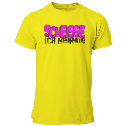 JGA-T-Shirt "Scheisse, Ich heirate" mit auffälligem pinkem Schriftzug. Ideal für den Junggesellenabschied, um humorvoll auf die bevorstehende Hochzeit hinzuweisen. Perfekt für einen letzten ausgelassenen Abend mit den Kumpels.