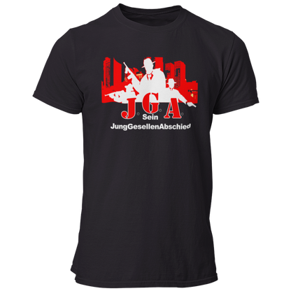 Das JGA T-Shirt "Mafia Team" ist das perfekte Motiv für die Begleiter des Bräutigams auf seiner letzten großen Feier vor der Hochzeit. Mit dem passenden Bräutigam-Shirt „Mafia Bräutigam“ zeigt ihr im Mafia-Stil, dass ihr bereit seid, euren Freund zu beschützen. Das lässige Design mit Mafiosi vor einer Skyline ist in verschiedenen Farben erhältlich und lässt sich ideal mit JGA-Accessoires wie einem Mafia-Hut kombinieren.