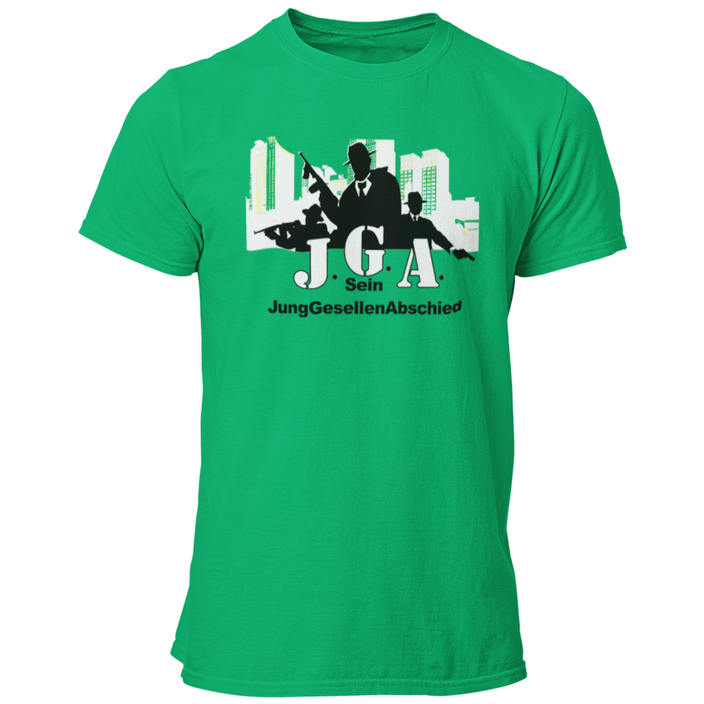 Das JGA T-Shirt "Mafia Team" ist das perfekte Motiv für die Begleiter des Bräutigams auf seiner letzten großen Feier vor der Hochzeit. Mit dem passenden Bräutigam-Shirt „Mafia Bräutigam“ zeigt ihr im Mafia-Stil, dass ihr bereit seid, euren Freund zu beschützen. Das lässige Design mit Mafiosi vor einer Skyline ist in verschiedenen Farben erhältlich und lässt sich ideal mit JGA-Accessoires wie einem Mafia-Hut kombinieren.