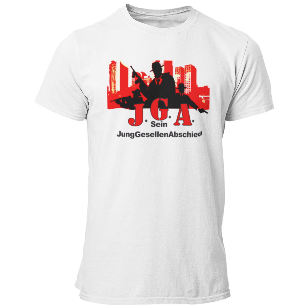 Das JGA T-Shirt "Mafia Team" ist das perfekte Motiv für die Begleiter des Bräutigams auf seiner letzten großen Feier vor der Hochzeit. Mit dem passenden Bräutigam-Shirt „Mafia Bräutigam“ zeigt ihr im Mafia-Stil, dass ihr bereit seid, euren Freund zu beschützen. Das lässige Design mit Mafiosi vor einer Skyline ist in verschiedenen Farben erhältlich und lässt sich ideal mit JGA-Accessoires wie einem Mafia-Hut kombinieren.