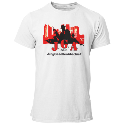 Das JGA T-Shirt "Mafia Team" ist das perfekte Motiv für die Begleiter des Bräutigams auf seiner letzten großen Feier vor der Hochzeit. Mit dem passenden Bräutigam-Shirt „Mafia Bräutigam“ zeigt ihr im Mafia-Stil, dass ihr bereit seid, euren Freund zu beschützen. Das lässige Design mit Mafiosi vor einer Skyline ist in verschiedenen Farben erhältlich und lässt sich ideal mit JGA-Accessoires wie einem Mafia-Hut kombinieren.